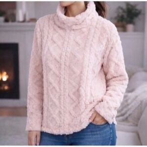 Eddie Bauer Pastel Pink Cable Fleece Pullover Funnel Neck Top Woman's Large NWT